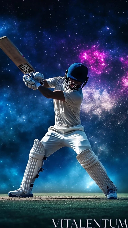 Cricket batter in full gear against stylized cosmic sky.