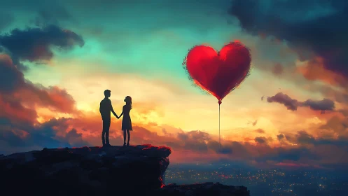 Silhouetted Couple Holding Hands with Red Heart Balloon at Sunset.