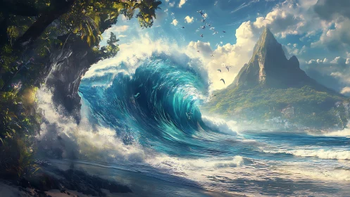 Sunlit island wave curling toward a misty emerald peak.