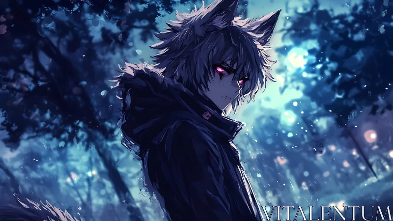 Wolf-eared anime antihero stands in glowing midnight rain.