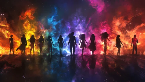 Silhouetted figures against multicolor cosmic energy field.