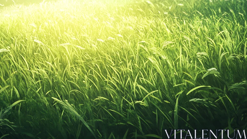 Sunlit green grass field under diffuse overhead illumination.