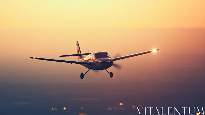 Single engine aircraft on stabilized sunset approach path.