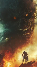 Human figure observes colossal fiery entity amid dense smoke