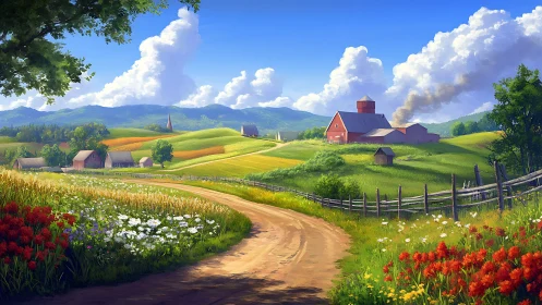 Sunlit country road winding through cozy patchwork farms.