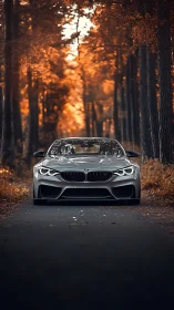 Silver sports coupe cuts through moody autumn forest road.