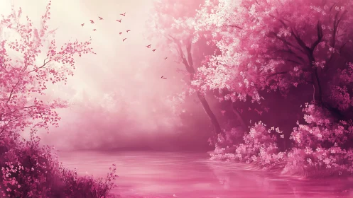 Rose-tinted cherry grove surrounds tranquil misty river.