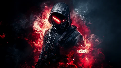 Hooded cyber warrior emerges within red inferno smoke.