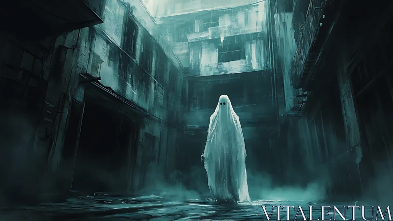 Ghostly figure in decayed urban alley under teal fog.