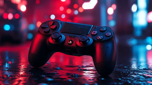 Game controller under neon rain on reflective city street.