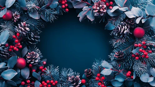 Frosted Christmas wreath frames deep blue empty center space