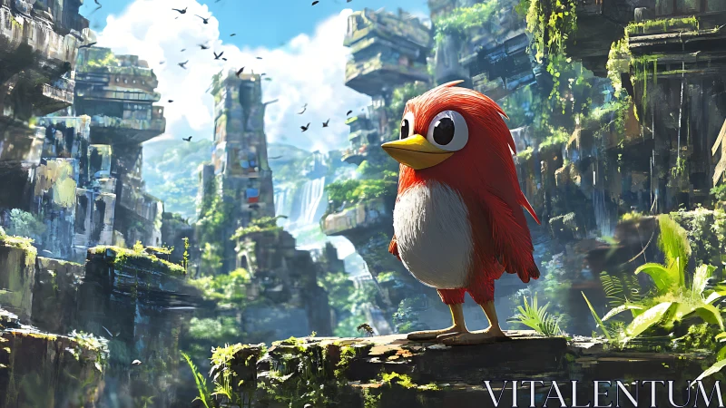 Red cartoon bird in lush ruined cityscape environment.