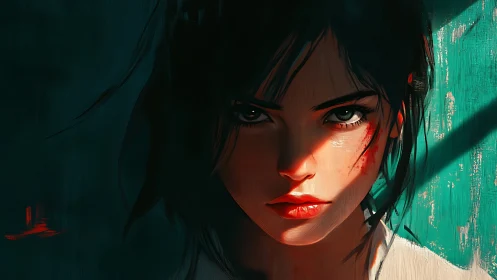 Fierce-eyed heroine caught between shadow and light.