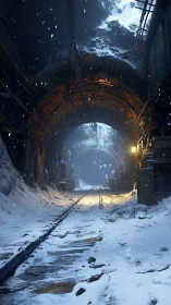 Snow covered industrial tunnel with distant blue light.