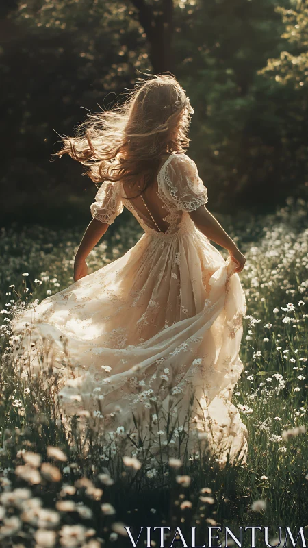 Backlit motion study of lace dress in shallow-depth meadow light