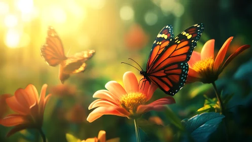 Digital painting of monarch butterflies on sunlit garden blooms.