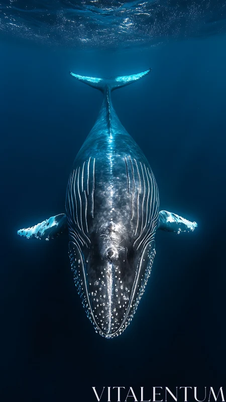 Frontal underwater view of humpback whale in open ocean.