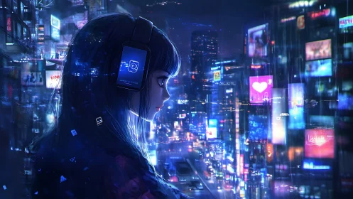 Neon daydream girl drifting through holographic city light.