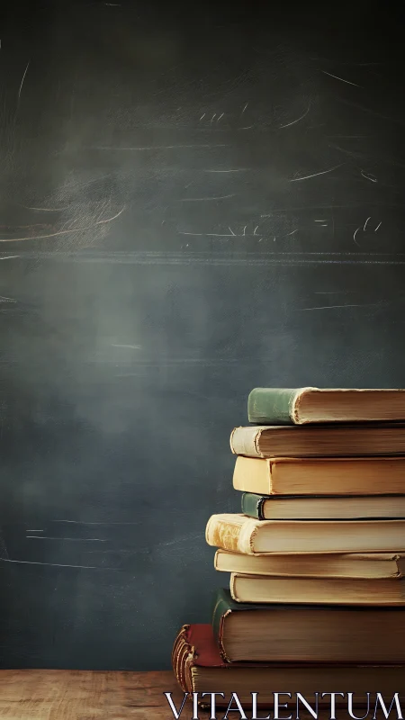 Stacked vintage books beside textured chalkboard wall.