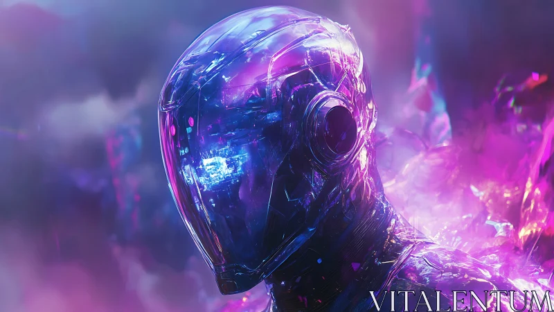 Crystal cybernetic figure in neon purple smoke field.