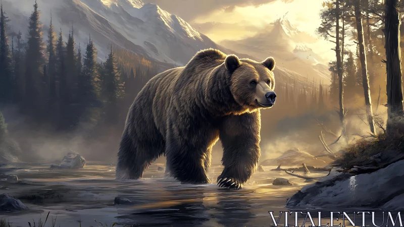 Grizzly bear moving through shallow river in alpine valley.