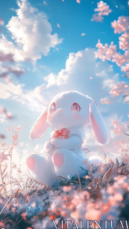 Anime soft-focus bunny amid ethereal spring meadow glow.