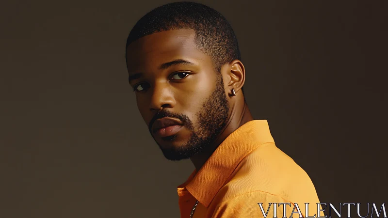 Portrait profile of man in orange shirt against brown backdrop.