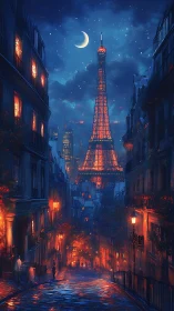 Midnight Parisian street under glowing Eiffel Tower haze.