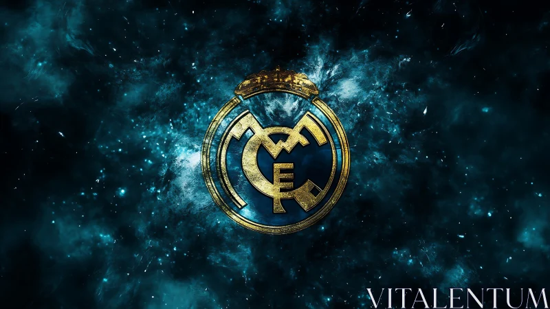 Golden circular emblem over deep teal cosmic smoke field.