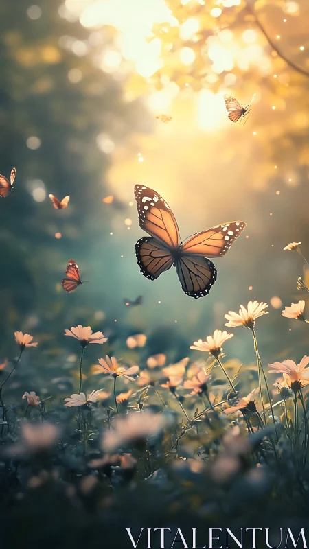 Golden butterflies drift above dreamy wildflower meadow