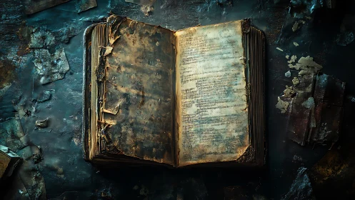 Decayed open book lies on worn surface under dim light