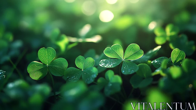 Morning dew on vibrant clover leaves in soft sunlight.
