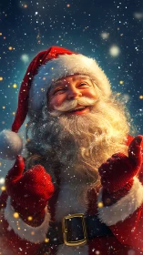 Snow-dusted Santa laughing under midnight holiday magic.