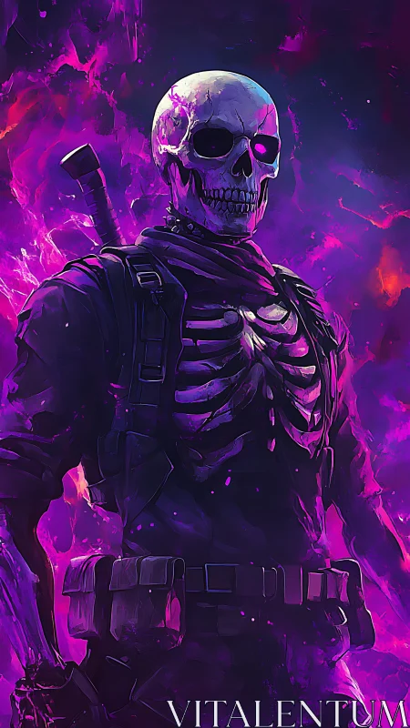 Neon-bathed skeleton commando strides through cosmic flames