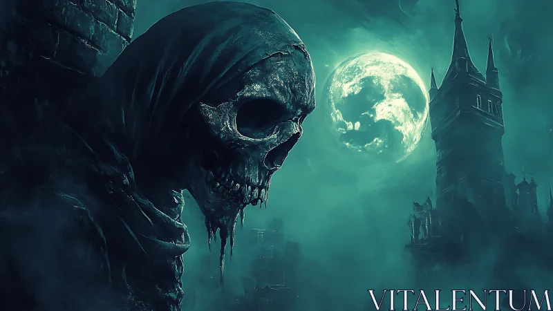 Hooded skeletal wraith looms beneath an eerie teal moonlit sky.