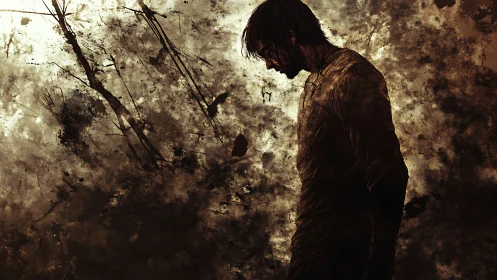 Silhouetted man sinks into abstract grunge storm of despair.