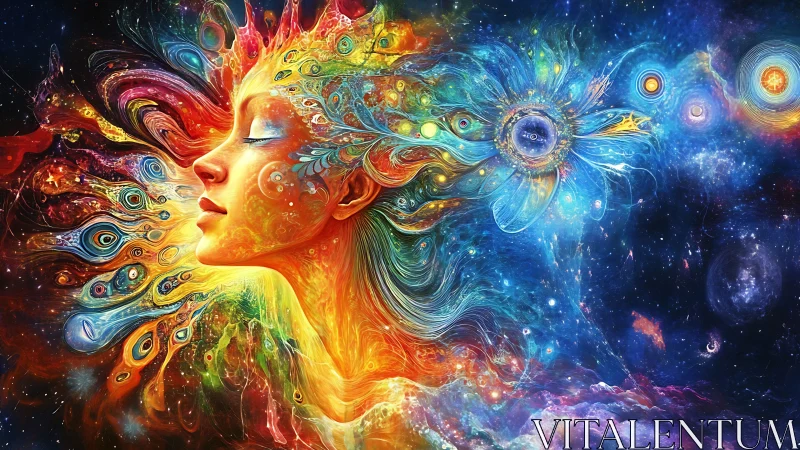 Surreal cosmic portrait in radiant chromatic energy flow.