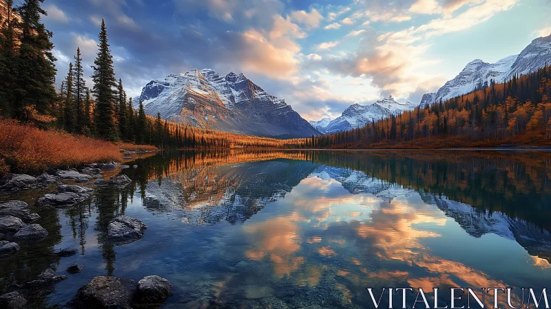 Sunlit alpine lake mirrors snow peaks and autumn forest.