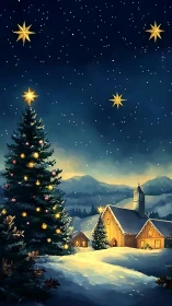 Digital painting of snowy Christmas village under starlit sky.