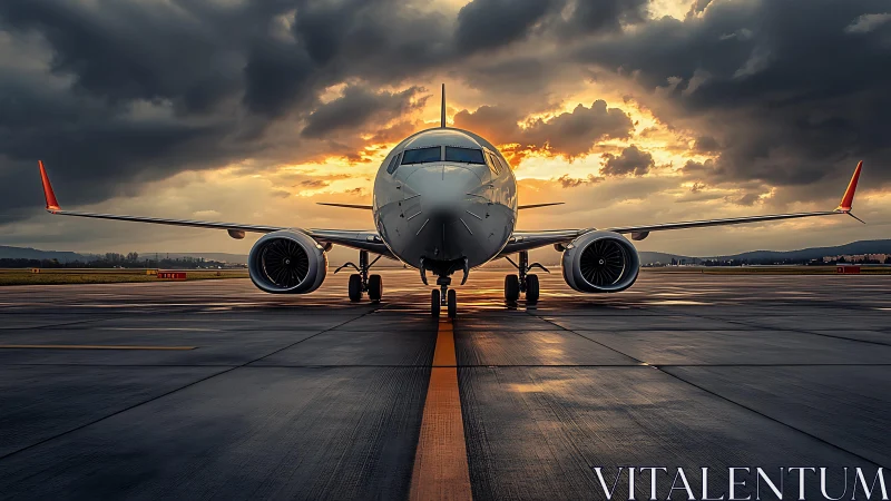 Sunset runway moment with a waiting passenger jet poised.
