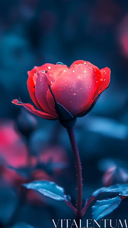 Red Tulip with Water Droplets Against Blurred Blue.