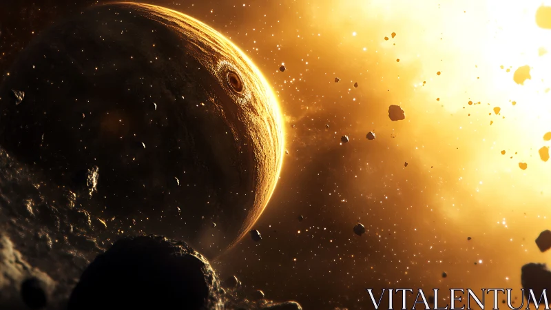 Ringed planet drifts through golden asteroid-lit starlight