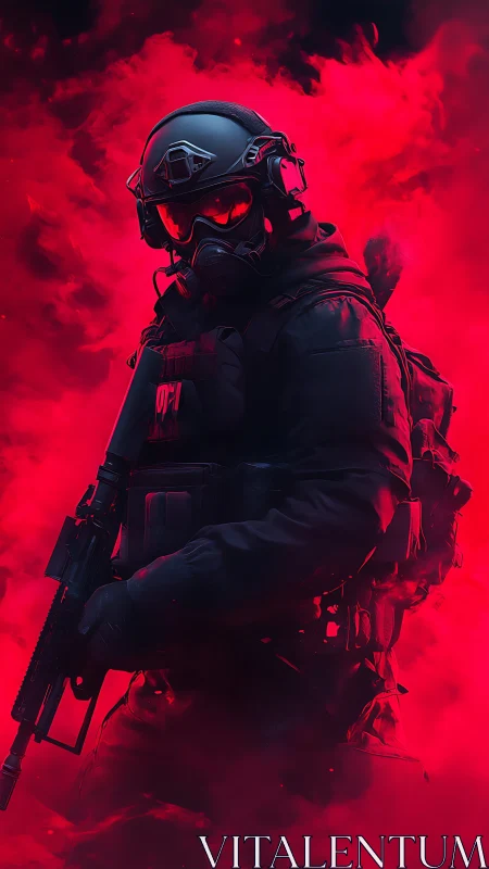 Cybernetic tactical operative in crimson vapor field.