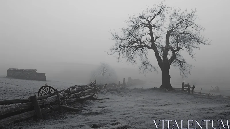 Fog-laden frosted pasture with bare tree and decayed fence line.
