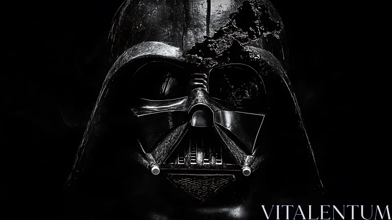 Burn-damaged black helmet is centered against dark background