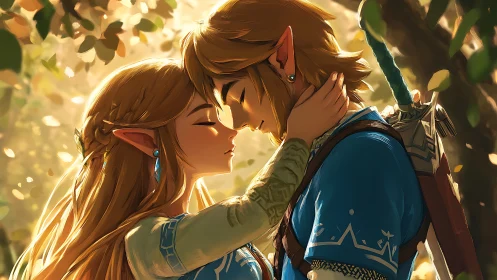 Digital Portraiture: Golden-Hour Animated Romance Under Forest Canopy.