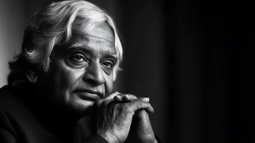 Elderly man in reflective monochrome portrait pose.