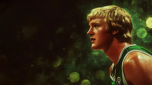 Digital portrait of focused basketball player in green jersey.