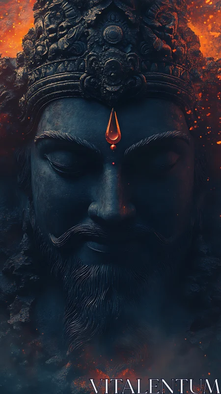 Serene firelit deity face glowing softly in the darkness.