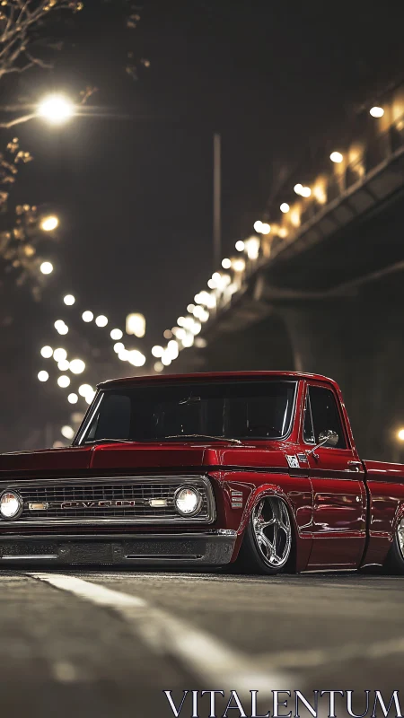 Low-slung crimson pickup prowls beneath glittering city lights